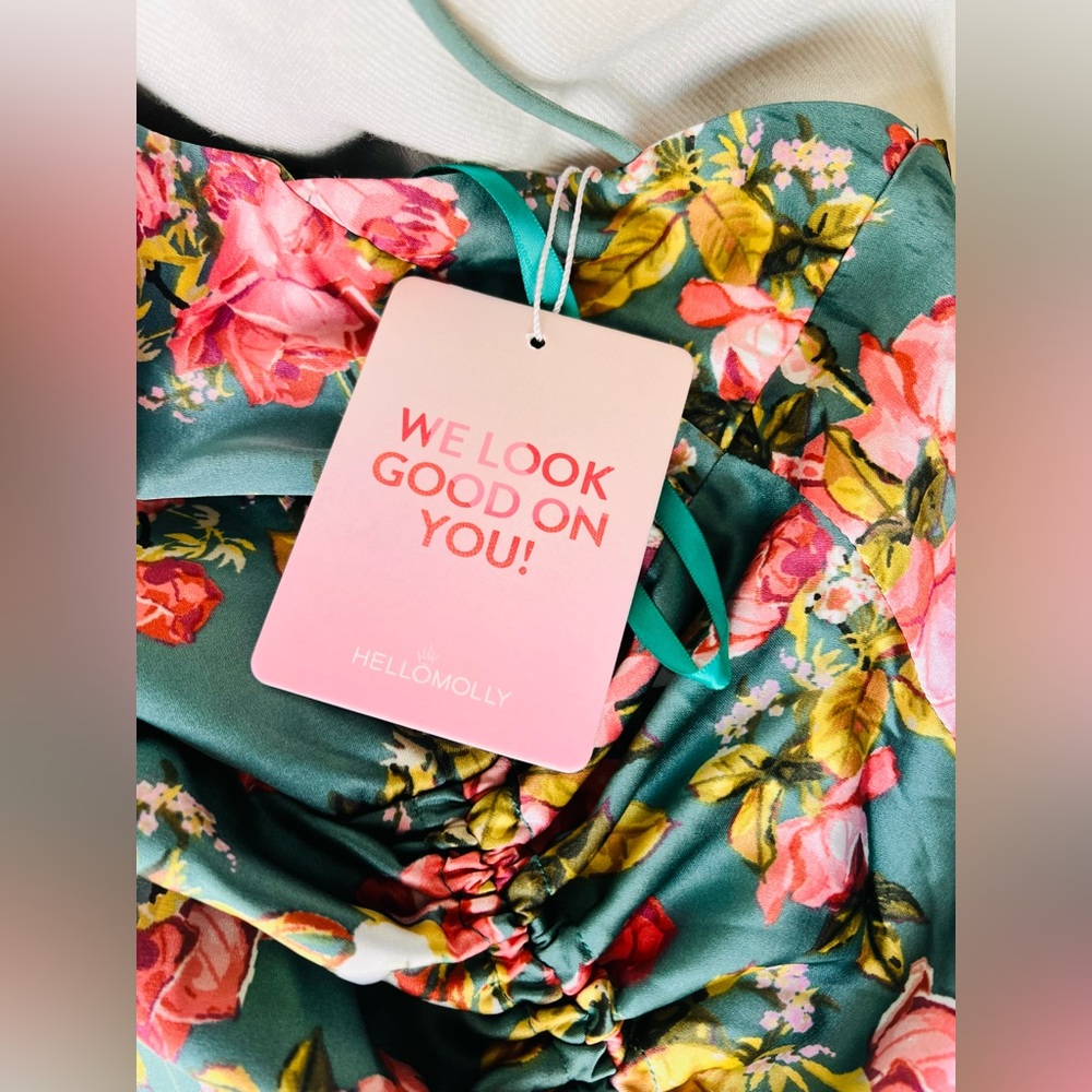 HELLO MOLLY ONE SHOULDER SATIN MAXI DRESS GREEN W PINK FLORAL SIZE XSMALL NWT - Picture 10 of 17